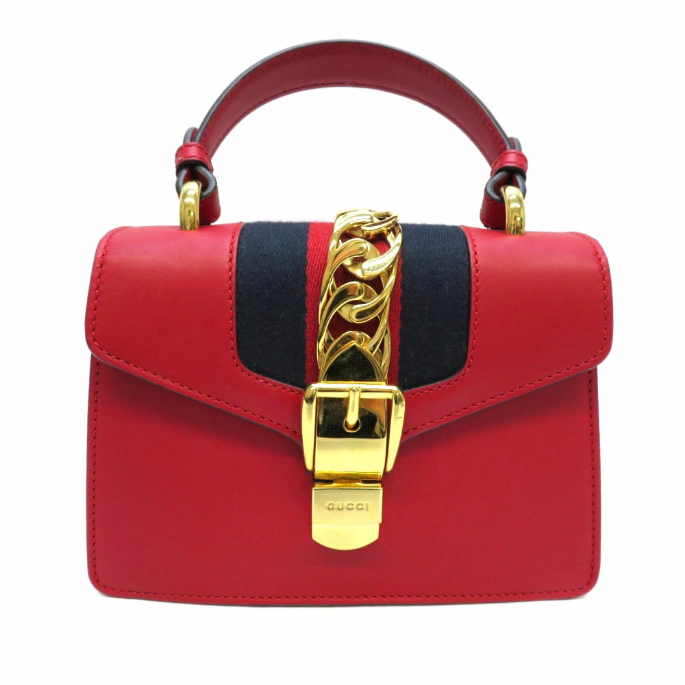 GUCCI Sylvie Leather Handbag Shoulder Bag Red Tricolor Stripe